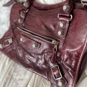 Auth F/W 2008 Balenciaga Dark Cherry Red G21 Silver HW City Shoulder Bag